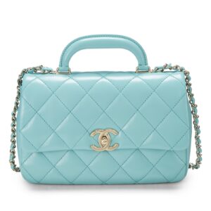 BLUE QUILTED LAMBSKIN TOP HANDLE FLAP MEDIUM