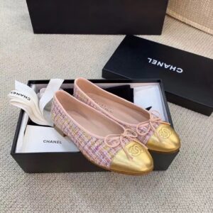 Chanel Ballerina Flats Tweed and Grosgrain PinkGold For Women, Women’s Shoes G02819 PR-622778