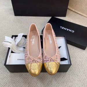 Chanel Ballerina Flats Tweed and Grosgrain PinkGold For Women, Women’s Shoes G02819 PR-622778