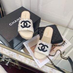 Chanel CC Mule Espadrille Sandals Tweed BeigeBlack For Women, Women’s Shoes PR-220445