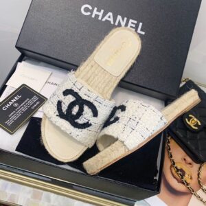 Chanel CC Mule Espadrille Sandals Tweed BeigeBlack For Women, Women’s Shoes PR-220445