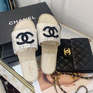 Chanel CC Mule Espadrille Sandals Tweed BeigeBlack For Women, Women’s Shoes PR-220445