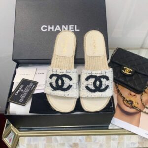 Chanel CC Mule Espadrille Sandals Tweed BeigeBlack For Women, Women’s Shoes PR-220445