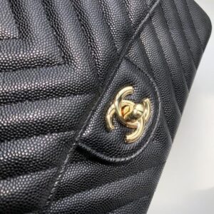 Chanel Chevron Classic Handbag Gold Toned Hardware Black For Women, Bags, Shoulder And Crossbody Bags 10.2in/26cm