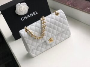 Chanel Classic Handbag Gold Toned Hardware White For Women, Women’s Bags, Shoulder And Crossbody Bags 10.2in/26cm A01112