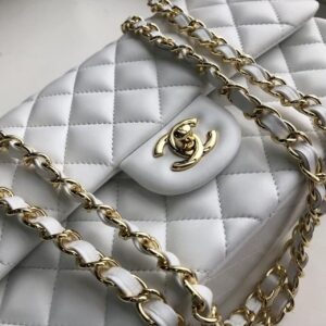 Chanel Classic Handbag Gold Toned Hardware White For Women, Women’s Bags, Shoulder And Crossbody Bags 10.2in/26cm A01112