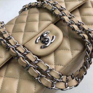 Chanel Classic Handbag Silver Hardware Beige For Women, Women’s Bags, Shoulder And Crossbody Bags 10.2in/26cm A01112