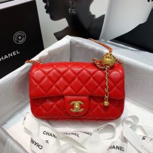 Chanel Flap Bag With CC Ball On Strap Red For Women, Women’s Handbags, Shoulder And Crossbody Bags 7.8in/20cm AS1787