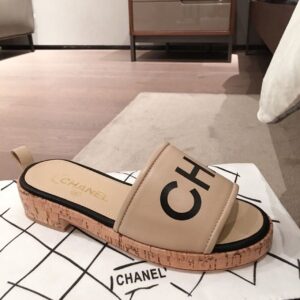 Chanel Woven Chain Cork Sandals Tweed BeigeBlack For Women, Women’s Shoes PR-739219