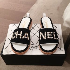 Chanel Woven Chain Cork Sandals Tweed BlackWhite For Women, Women’s Shoes PR-226419