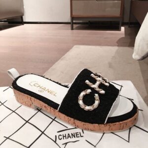 Chanel Woven Chain Cork Sandals Tweed BlackWhite For Women, Women’s Shoes PR-226419