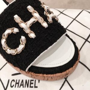 Chanel Woven Chain Cork Sandals Tweed BlackWhite For Women, Women’s Shoes PR-226419