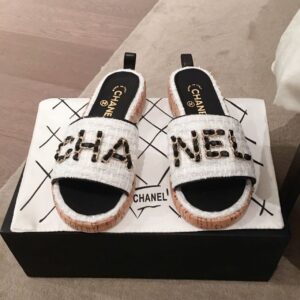 Chanel Woven Chain Cork Sandals Tweed WhiteBlack For Women, Women’s Shoes PR-327390