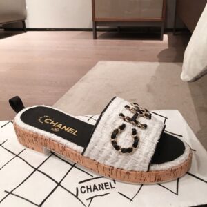 Chanel Woven Chain Cork Sandals Tweed WhiteBlack For Women, Women’s Shoes PR-327390