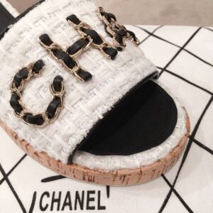 Chanel Woven Chain Cork Sandals Tweed WhiteBlack For Women, Women’s Shoes PR-327390