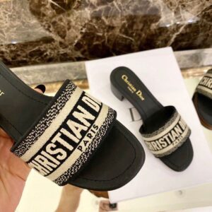 Christian Dior Dway Heeled Slide Deep Black Embroidered Cotton Deep For Women CD KCQ244ERC_S56B PR-854259