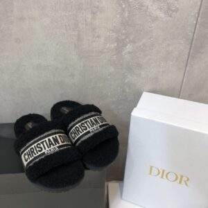 Christian Dior Dway Slide Black Embroidered Cotton And Shearling Black For Women CD KCQ551ESK_S11X PR-667728