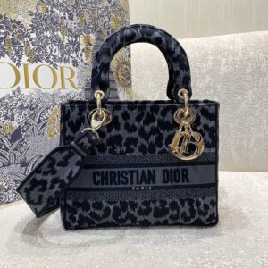 Christian Dior Medium Dior Lady D-Lite Bag Blue and Black Mizza Embroidery, Blue and Black, For Women Women’s Handbags, Crossbody Bags, 24cm CD M0565ORHM_M962