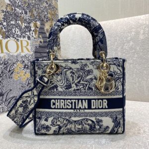 Christian Dior Medium Lady D-Lite Bag Blue Toile de Jouy Reverse Embroidery, Blue, For Women Women’s Handbags, Crossbody Bags, 24cm CD M0565ORGO_M928