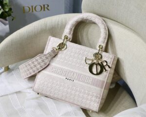 Christian Dior Medium Lady D-Lite Bag Houndstooth Embroidery, Pink/White, For Women Handbags, Shoulder Bags, Crossbody Bags, 24cm CD