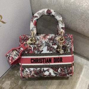 Christian Dior Medium Lady D-Lite Bag Multicolor Butterfly Embroidery, Red/Latte, For Women Women’s Handbags, 24cm CD M0565ORHQ_M884