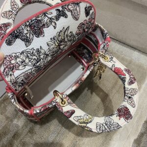 Christian Dior Medium Lady D-Lite Bag Multicolor Butterfly Embroidery, Red/Latte, For Women Women’s Handbags, 24cm CD M0565ORHQ_M884