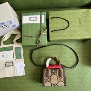 Gucci Diana Jumbo GG Mini Tote Bag Camel And Ebony Jumbo GG Canvas Brown For Women 7.9in/20cm 655661 UKMFT 2672