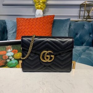 Gucci GG Marmont Matelassé Mini Bag Black Matelassé Chevron With GG On The Back For Women 8in/20cm GG 474575 DTD1T 100011