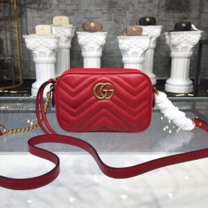 Gucci GG Marmont Matelassé Mini Bag Hibiscus Red Matelassé Chevron For Women 7in/18cm GG13