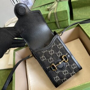 Gucci Horsebit 1955 Mini Bag Black And Ivory GG Denim Jacquard For Women 6.7in/17cm 625615 UN3BG 1274