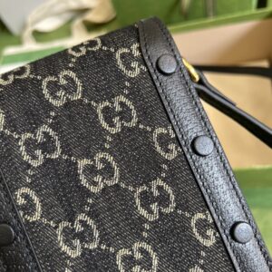 Gucci Horsebit 1955 Mini Bag Black And Ivory GG Denim Jacquard For Women 6.7in/17cm 625615 UN3BG 1274