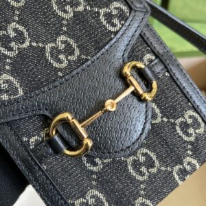 Gucci Horsebit 1955 Mini Bag Black And Ivory GG Denim Jacquard For Women 6.7in/17cm 625615 UN3BG 1274