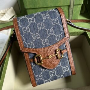 Gucci Horsebit 1955 Mini Bag Blue And Ivory GG Denim Jacquard For Women 6.7in/17cm 625615 2KQGG 837539