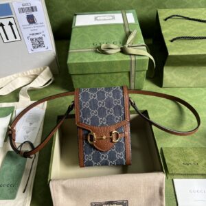 Gucci Horsebit 1955 Mini Bag Blue And Ivory GG Denim Jacquard For Women 6.7in/17cm 625615 2KQGG 837539