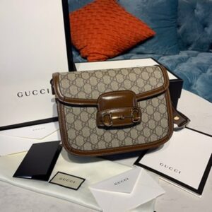 Gucci Horsebit 1955 Shoulder Bag Beige/Ebony GG Supreme Canvas With Brown For Women 9.8in/25cm GG 92TCG 856340