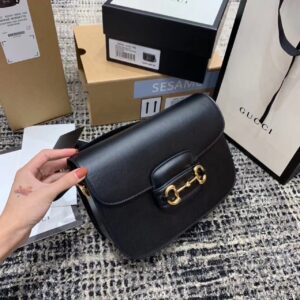 Gucci Horsebit 1955 Shoulder Bag Black Textured With A Vintage Effect For Women 9.8in/25cm GG 100041