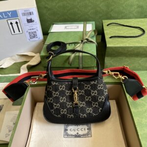 Gucci Jackie 1961 Mini Shoulder Bag Black And Ivory GG Denim Jacquard For Women 7.5in/19cm GG 685127 UN3AG 1294