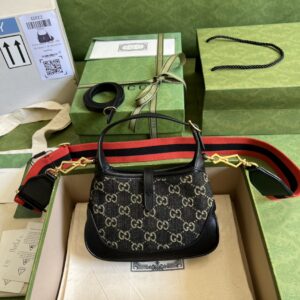 Gucci Jackie 1961 Mini Shoulder Bag Black And Ivory GG Denim Jacquard For Women 7.5in/19cm GG 685127 UN3AG 1294