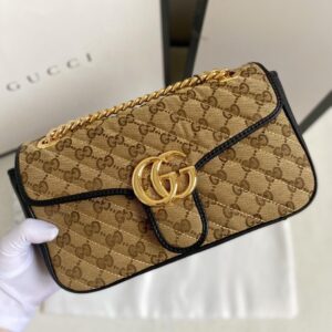 Gucci Marmont Small Shoulder Bag Beige/Ebony Diagonal Matelassé Original GG Canvas For Women 10in/26cm 443497 HVKEG 977232