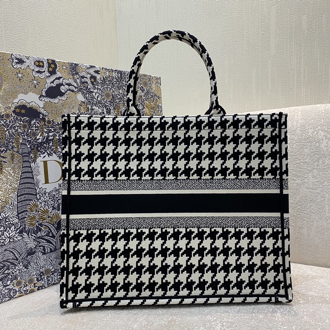 Christian Dior Large Dior Book Tote Black Houndstooth Embroidery, Black/White, For Women Women’s Handbags, Shoulder Bags, 42cm CD