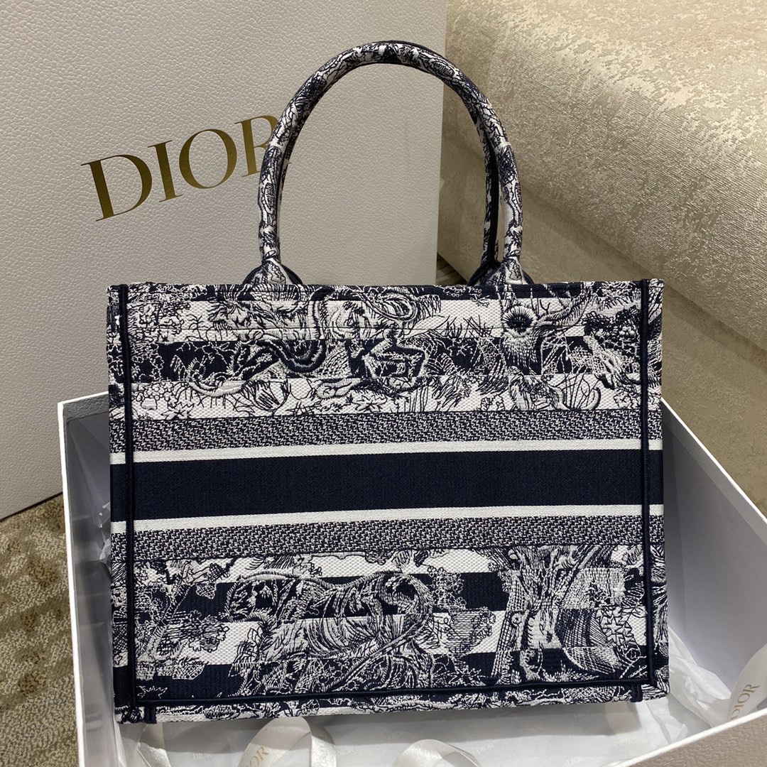 Christian Dior Medium Dior Book Tote Toile de Jouy Stripes Embroidery, Navy Blue, For Women Women’s Handbags, 36cm CD M1296ZRLP_M928